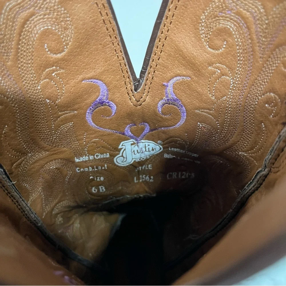 Justin Stampede Chocolate Puma women's 6B cowboy boots Purple Heart embroidery